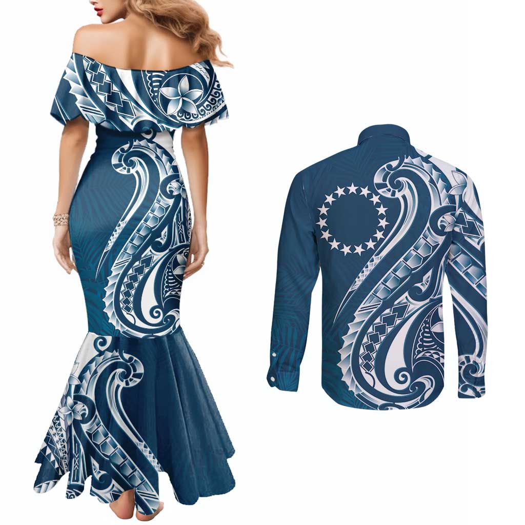 Kia Orana Cook Islands Couples Matching Mermaid Dress and Long Sleeve Button Shirt Auika Plumeria Tropical Waves LT7 - Polynesian Pride