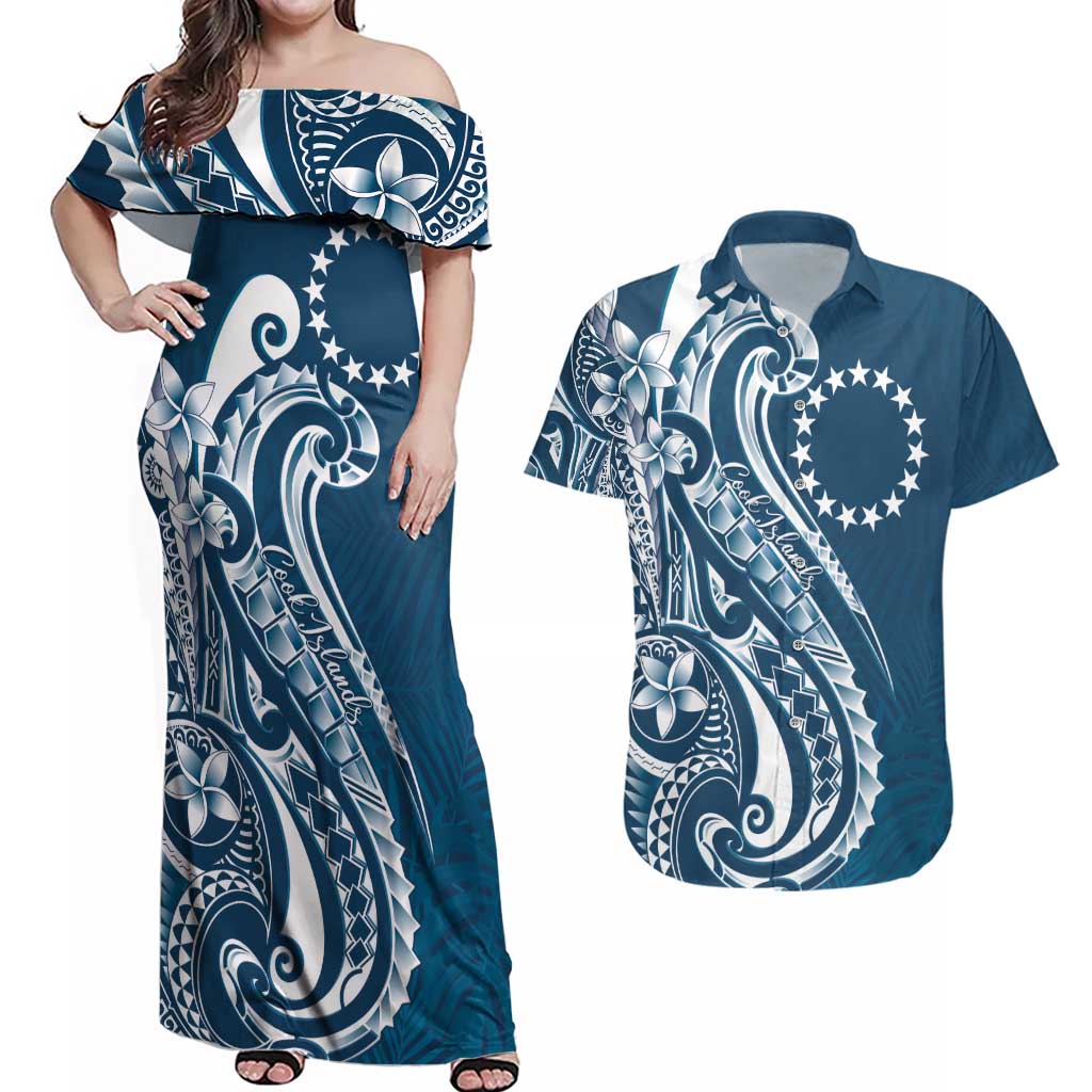 Kia Orana Cook Islands Couples Matching Off Shoulder Maxi Dress and Hawaiian Shirt Auika Plumeria Tropical Waves - Polynesian Pride