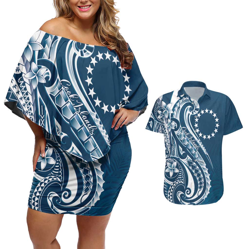 Kia Orana Cook Islands Couples Matching Off Shoulder Short Dress and Hawaiian Shirt Auika Plumeria Tropical Waves LT7 Navy Blue - Polynesian Pride