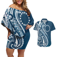 Kia Orana Cook Islands Couples Matching Off Shoulder Short Dress and Hawaiian Shirt Auika Plumeria Tropical Waves LT7 Navy Blue - Polynesian Pride