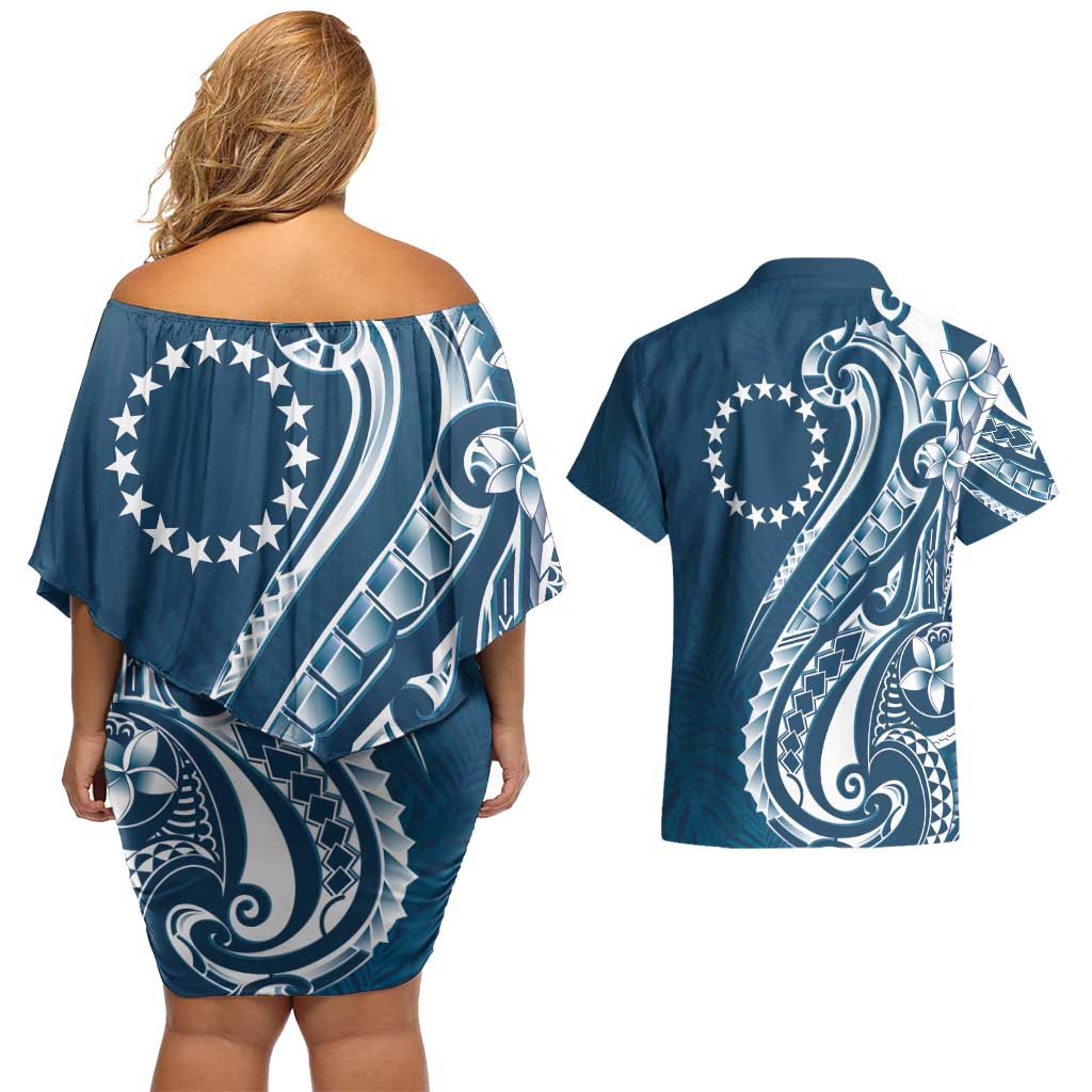 Kia Orana Cook Islands Couples Matching Off Shoulder Short Dress and Hawaiian Shirt Auika Plumeria Tropical Waves LT7 - Polynesian Pride