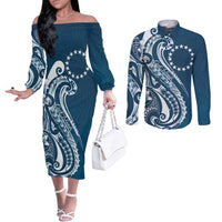Kia Orana Cook Islands Couples Matching Off The Shoulder Long Sleeve Dress and Long Sleeve Button Shirt Auika Plumeria Tropical Waves LT7 Navy Blue - Polynesian Pride