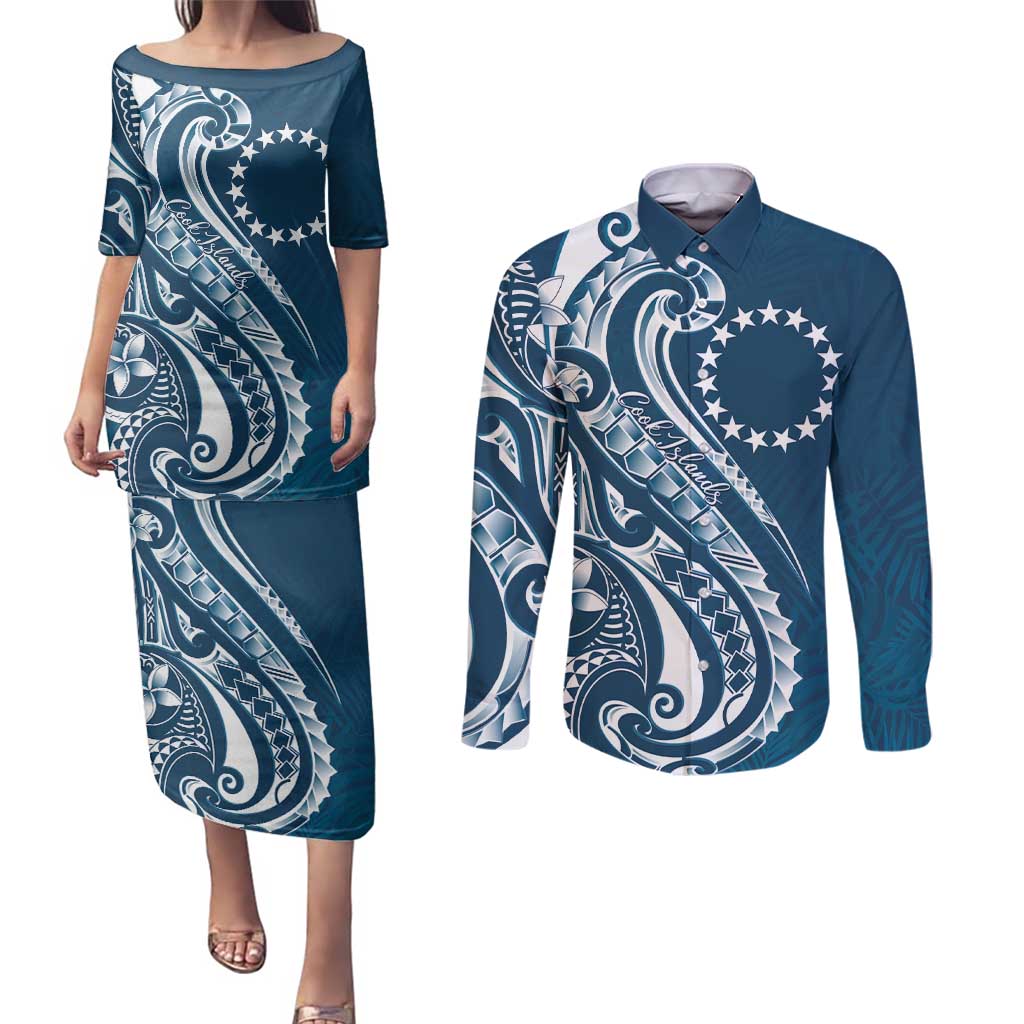 Kia Orana Cook Islands Couples Matching Puletasi and Long Sleeve Button Shirt Auika Plumeria Tropical Waves - Polynesian Pride