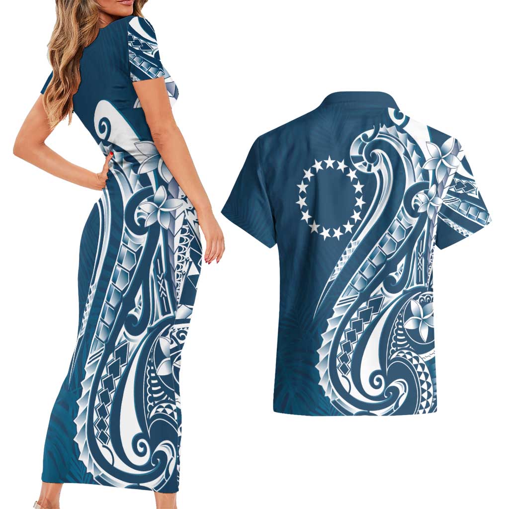 Kia Orana Cook Islands Couples Matching Short Sleeve Bodycon Dress and Hawaiian Shirt Auika Plumeria Tropical Waves LT7 - Polynesian Pride