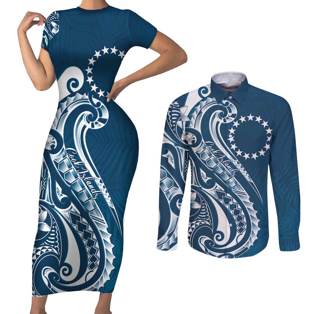 Kia Orana Cook Islands Couples Matching Short Sleeve Bodycon Dress and Long Sleeve Button Shirt Auika Plumeria Tropical Waves LT7 Navy Blue - Polynesian Pride