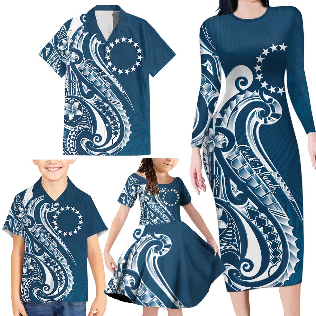 Kia Orana Cook Islands Family Matching Long Sleeve Bodycon Dress and Hawaiian Shirt Auika Plumeria Tropical Waves LT7 - Polynesian Pride