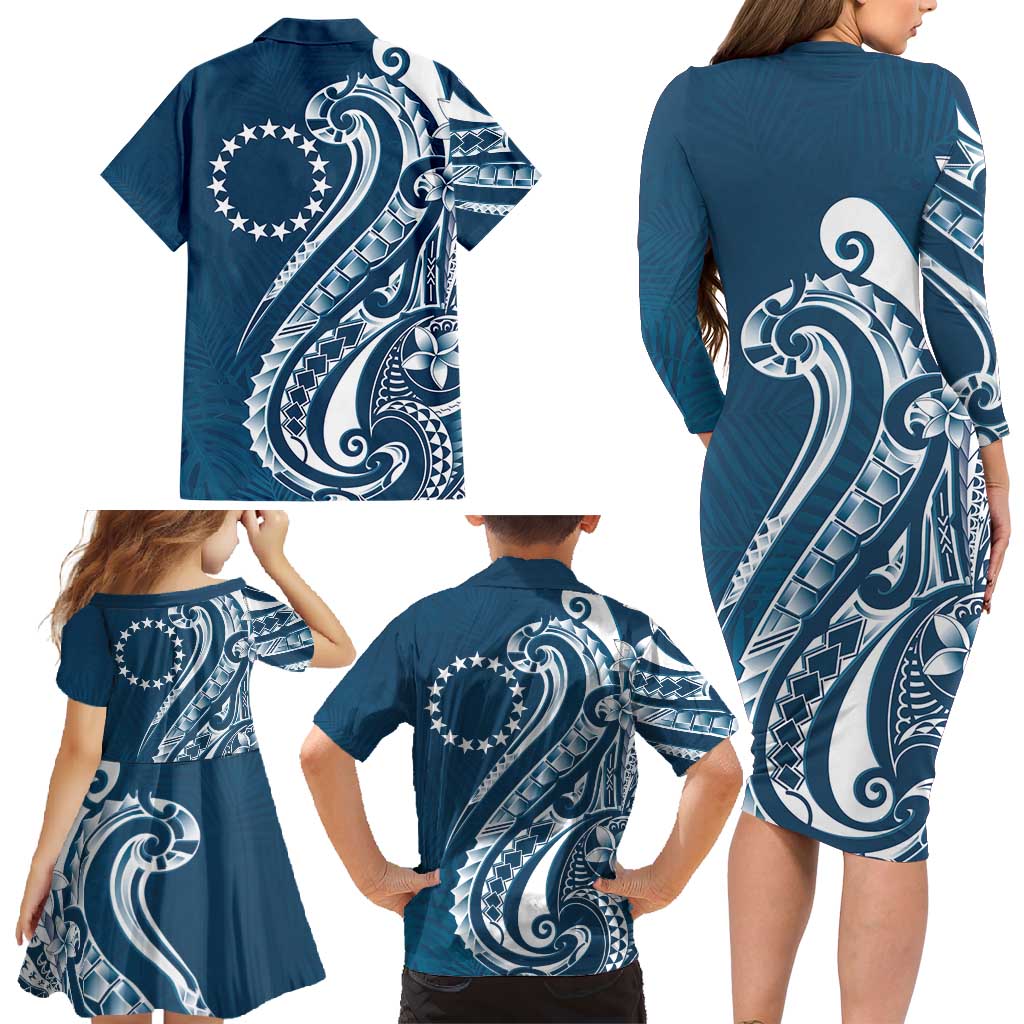 Kia Orana Cook Islands Family Matching Long Sleeve Bodycon Dress and Hawaiian Shirt Auika Plumeria Tropical Waves LT7 - Polynesian Pride