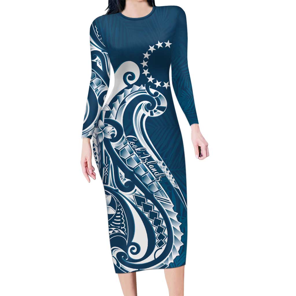 Kia Orana Cook Islands Family Matching Long Sleeve Bodycon Dress and Hawaiian Shirt Auika Plumeria Tropical Waves LT7 Mom's Dress Navy Blue - Polynesian Pride