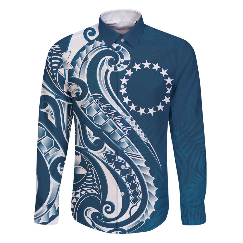 Kia Orana Cook Islands Family Matching Mermaid Dress and Hawaiian Shirt Auika Plumeria Tropical Waves LT7 Dad's Shirt - Long Sleeve Navy Blue - Polynesian Pride