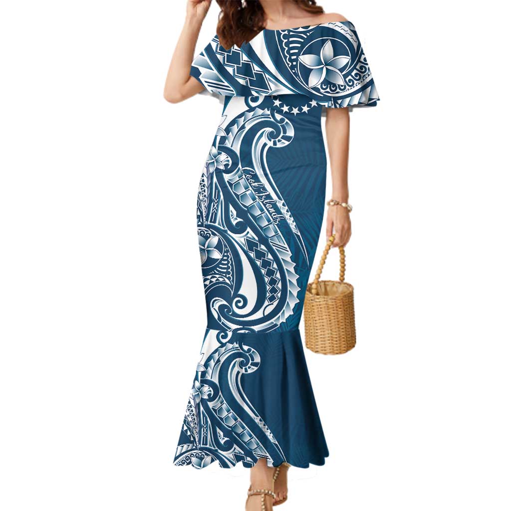 Kia Orana Cook Islands Family Matching Mermaid Dress and Hawaiian Shirt Auika Plumeria Tropical Waves LT7 Mom's Dress Navy Blue - Polynesian Pride