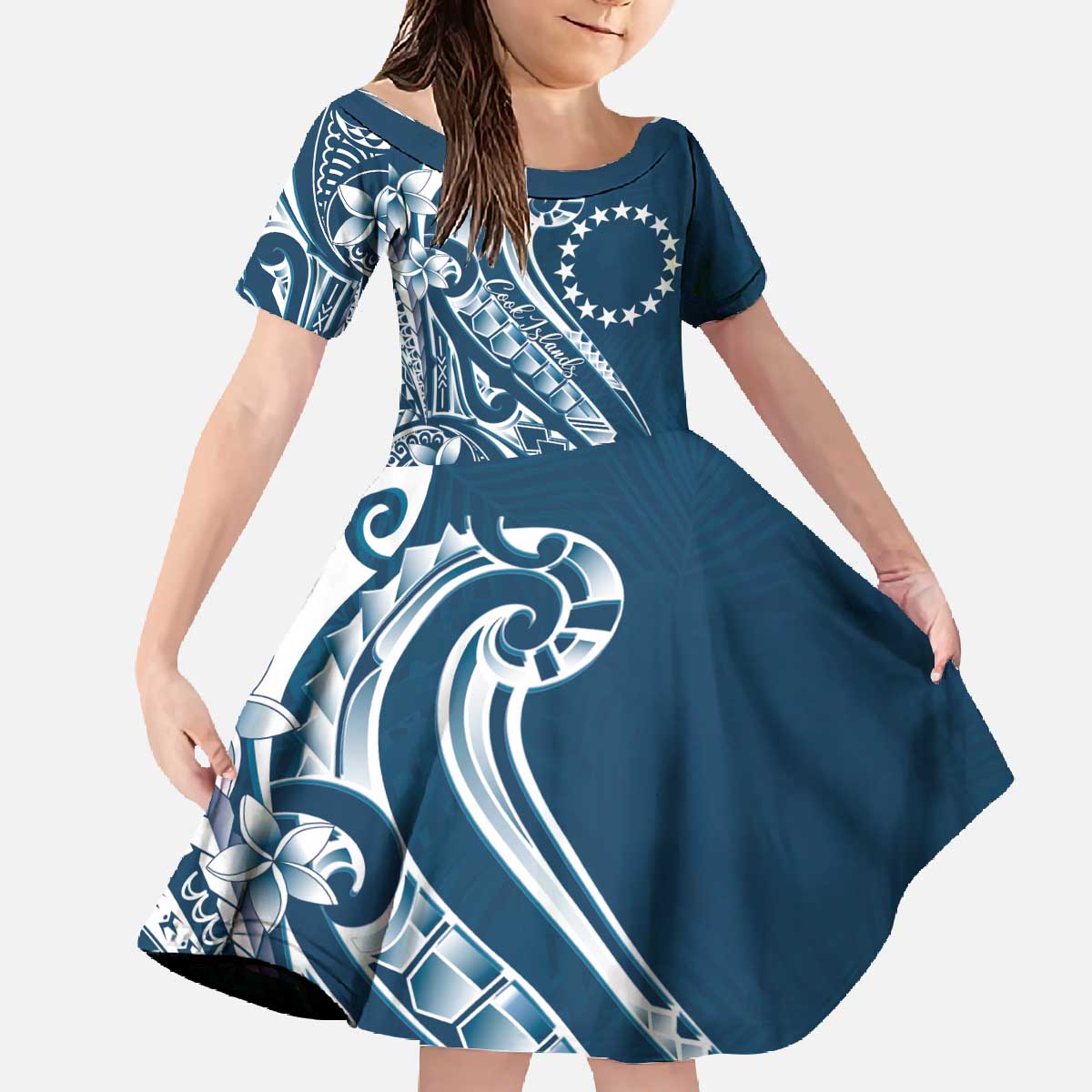 Kia Orana Cook Islands Family Matching Off The Shoulder Long Sleeve Dress and Hawaiian Shirt Auika Plumeria Tropical Waves LT7 Daughter's Dress Navy Blue - Polynesian Pride