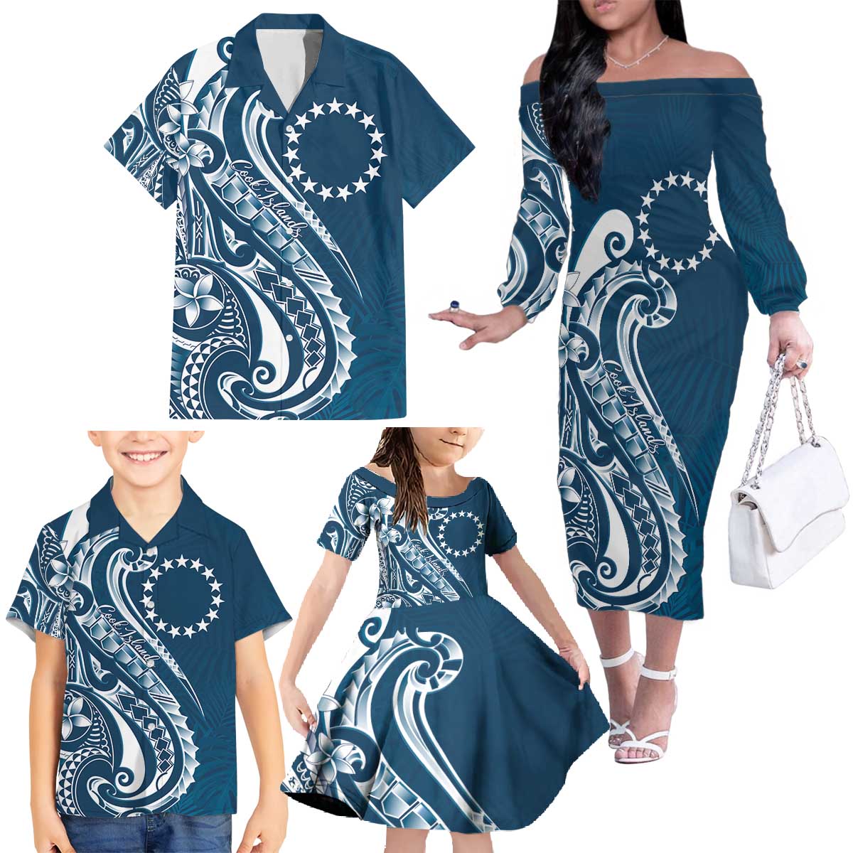 Kia Orana Cook Islands Family Matching Off The Shoulder Long Sleeve Dress and Hawaiian Shirt Auika Plumeria Tropical Waves LT7 - Polynesian Pride
