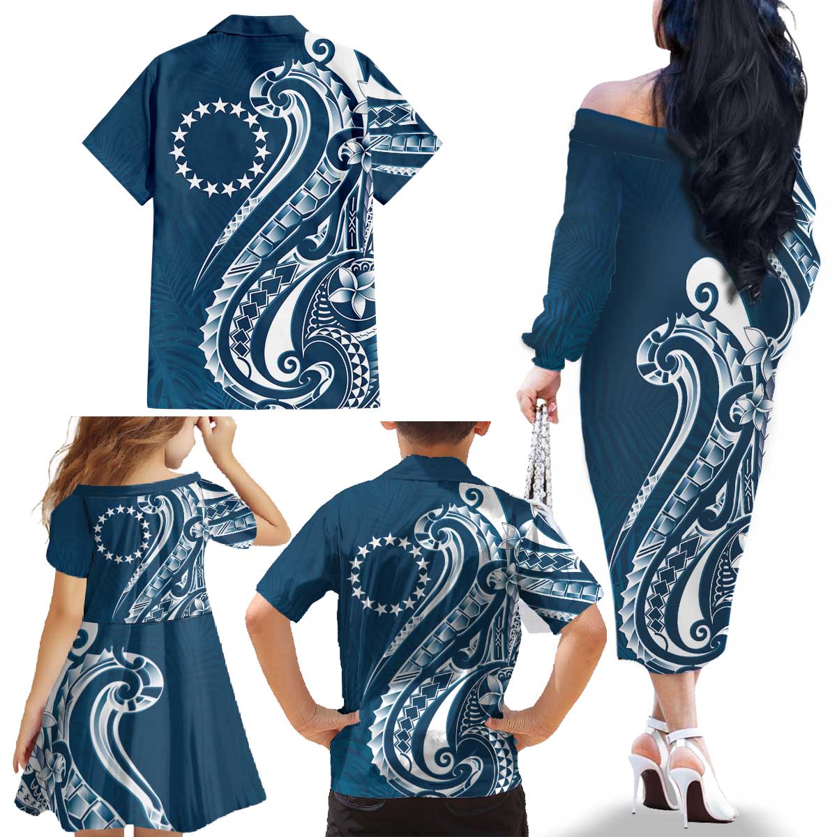 Kia Orana Cook Islands Family Matching Off The Shoulder Long Sleeve Dress and Hawaiian Shirt Auika Plumeria Tropical Waves LT7 - Polynesian Pride
