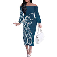 Kia Orana Cook Islands Family Matching Off The Shoulder Long Sleeve Dress and Hawaiian Shirt Auika Plumeria Tropical Waves LT7 Mom's Dress Navy Blue - Polynesian Pride