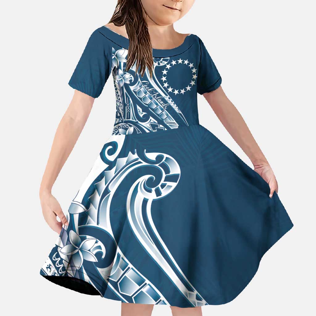 Kia Orana Cook Islands Family Matching Off Shoulder Maxi Dress and Hawaiian Shirt Auika Plumeria Tropical Waves LT7 Daughter's Dress Navy Blue - Polynesian Pride