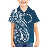 Kia Orana Cook Islands Family Matching Off Shoulder Maxi Dress and Hawaiian Shirt Auika Plumeria Tropical Waves LT7 Son's Shirt Navy Blue - Polynesian Pride