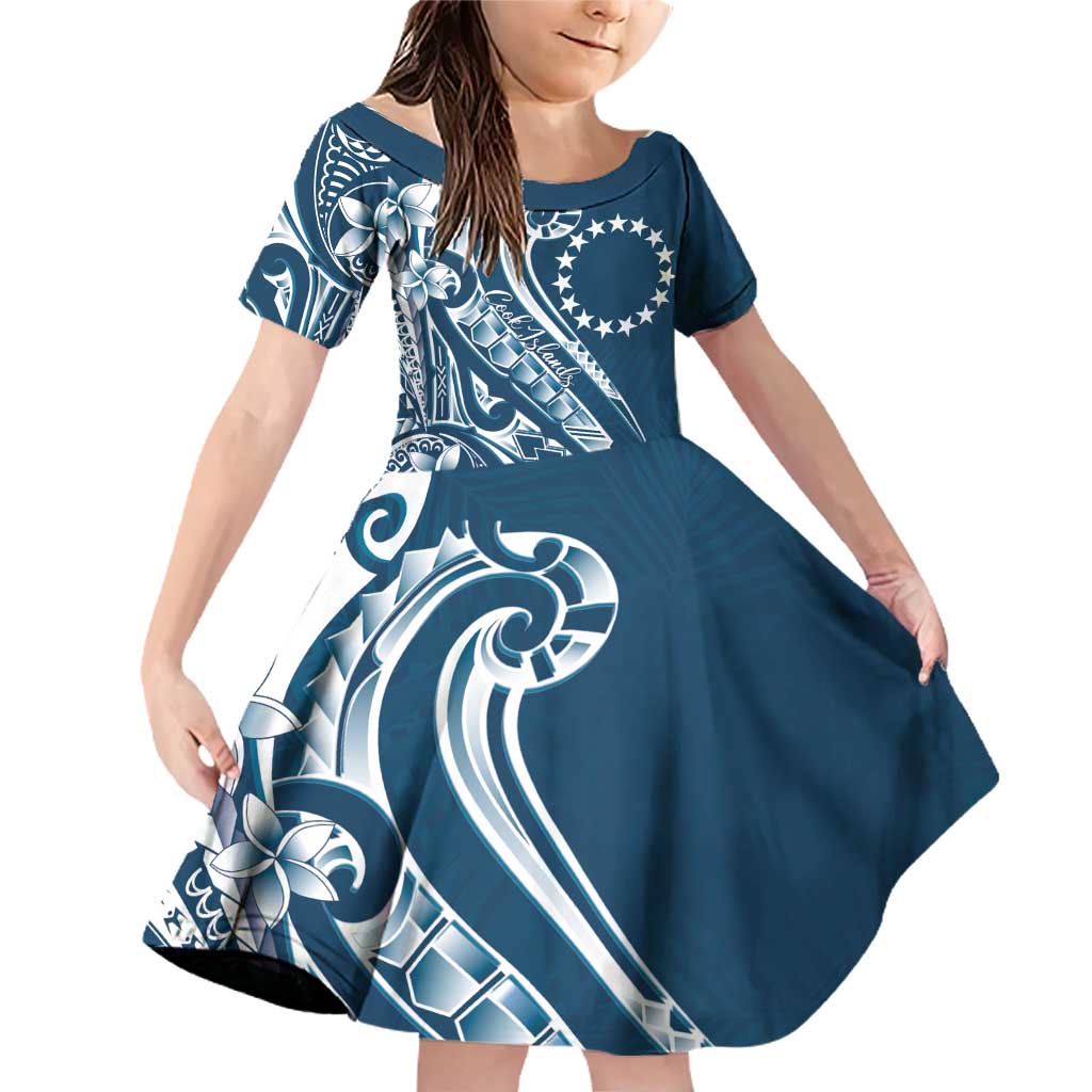 Kia Orana Cook Islands Family Matching Off Shoulder Short Dress and Hawaiian Shirt Auika Plumeria Tropical Waves LT7 Daughter's Dress Navy Blue - Polynesian Pride