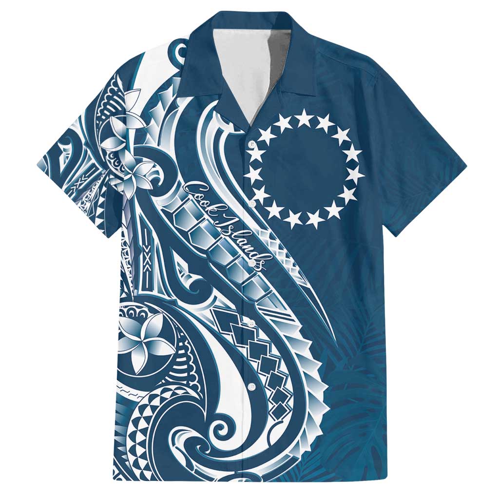 Kia Orana Cook Islands Family Matching Off Shoulder Short Dress and Hawaiian Shirt Auika Plumeria Tropical Waves LT7 Dad's Shirt - Short Sleeve Navy Blue - Polynesian Pride