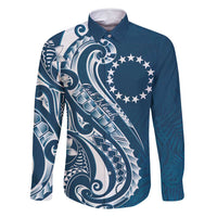Kia Orana Cook Islands Family Matching Off Shoulder Short Dress and Hawaiian Shirt Auika Plumeria Tropical Waves LT7 Dad's Shirt - Long Sleeve Navy Blue - Polynesian Pride