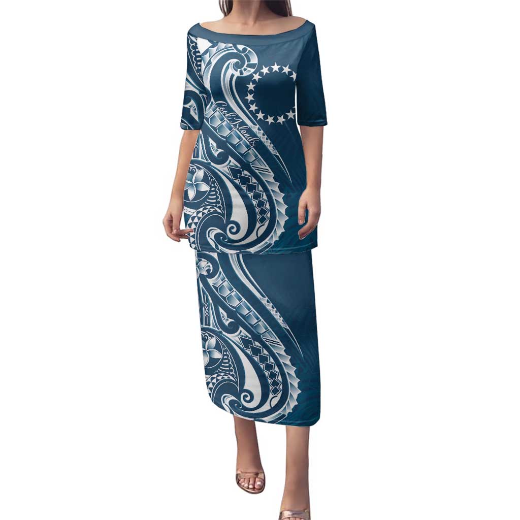 Kia Orana Cook Islands Family Matching Puletasi and Hawaiian Shirt Auika Plumeria Tropical Waves LT7 Mom's Dress Navy Blue - Polynesian Pride