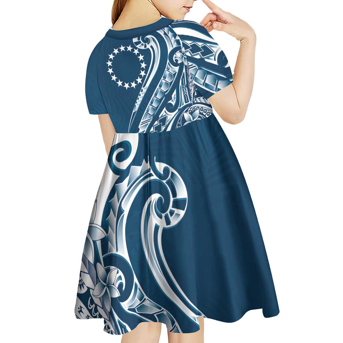 Kia Orana Cook Islands Kid Short Sleeve Dress Auika Plumeria Tropical Waves - Polynesian Pride