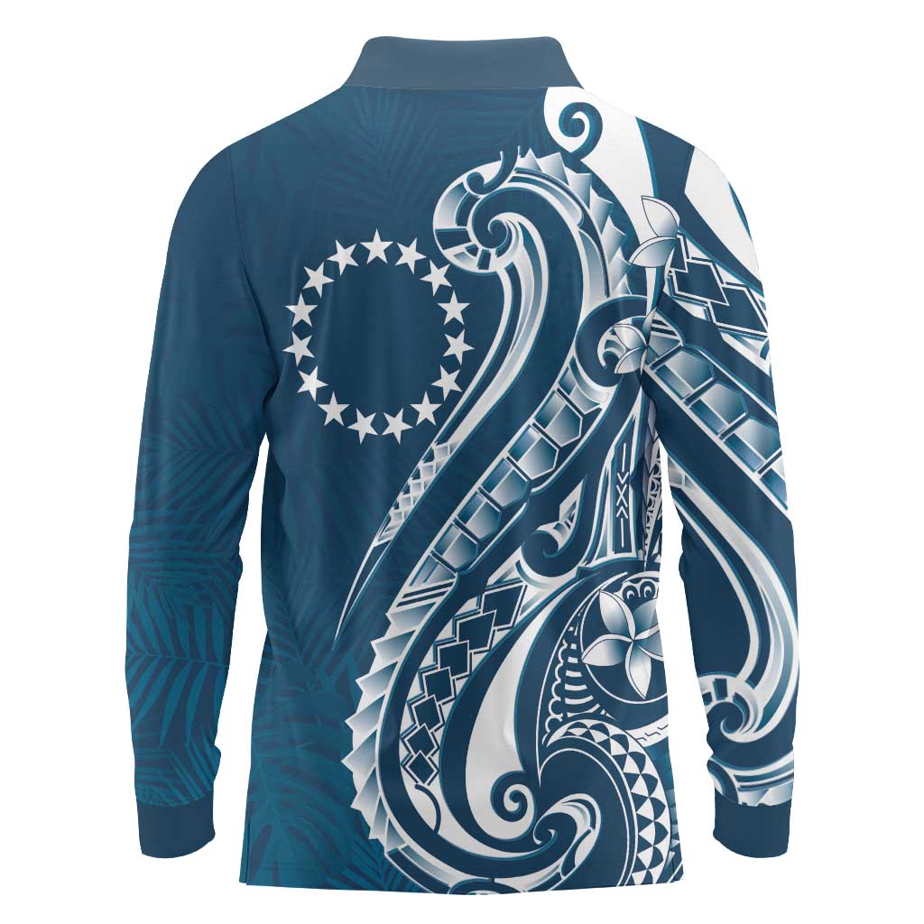 Kia Orana Cook Islands Long Sleeve Polo Shirt Auika Plumeria Tropical Waves - Polynesian Pride