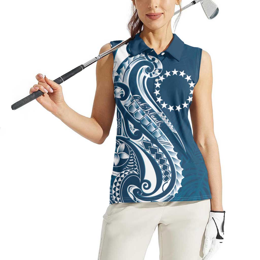 Kia Orana Cook Islands Women Sleeveless Polo Shirt Auika Plumeria Tropical Waves - Polynesian Pride