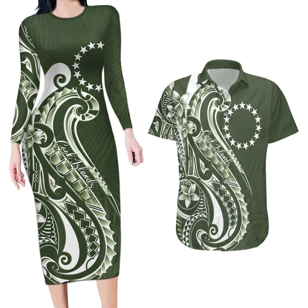Kia Orana Cook Islands Couples Matching Long Sleeve Bodycon Dress and Hawaiian Shirt Matie Plumeria Tropical Waves LT7 Sage Green - Polynesian Pride