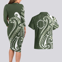 Kia Orana Cook Islands Couples Matching Long Sleeve Bodycon Dress and Hawaiian Shirt Matie Plumeria Tropical Waves LT7 - Polynesian Pride