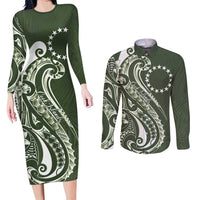 Kia Orana Cook Islands Couples Matching Long Sleeve Bodycon Dress and Long Sleeve Button Shirt Matie Plumeria Tropical Waves LT7 Sage Green - Polynesian Pride