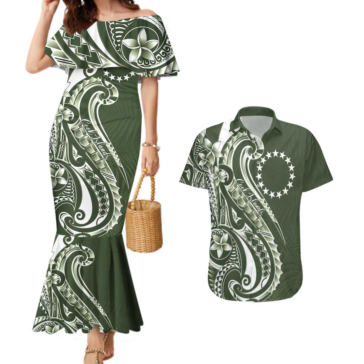 Kia Orana Cook Islands Couples Matching Mermaid Dress and Hawaiian Shirt Matie Plumeria Tropical Waves LT7 Sage Green - Polynesian Pride