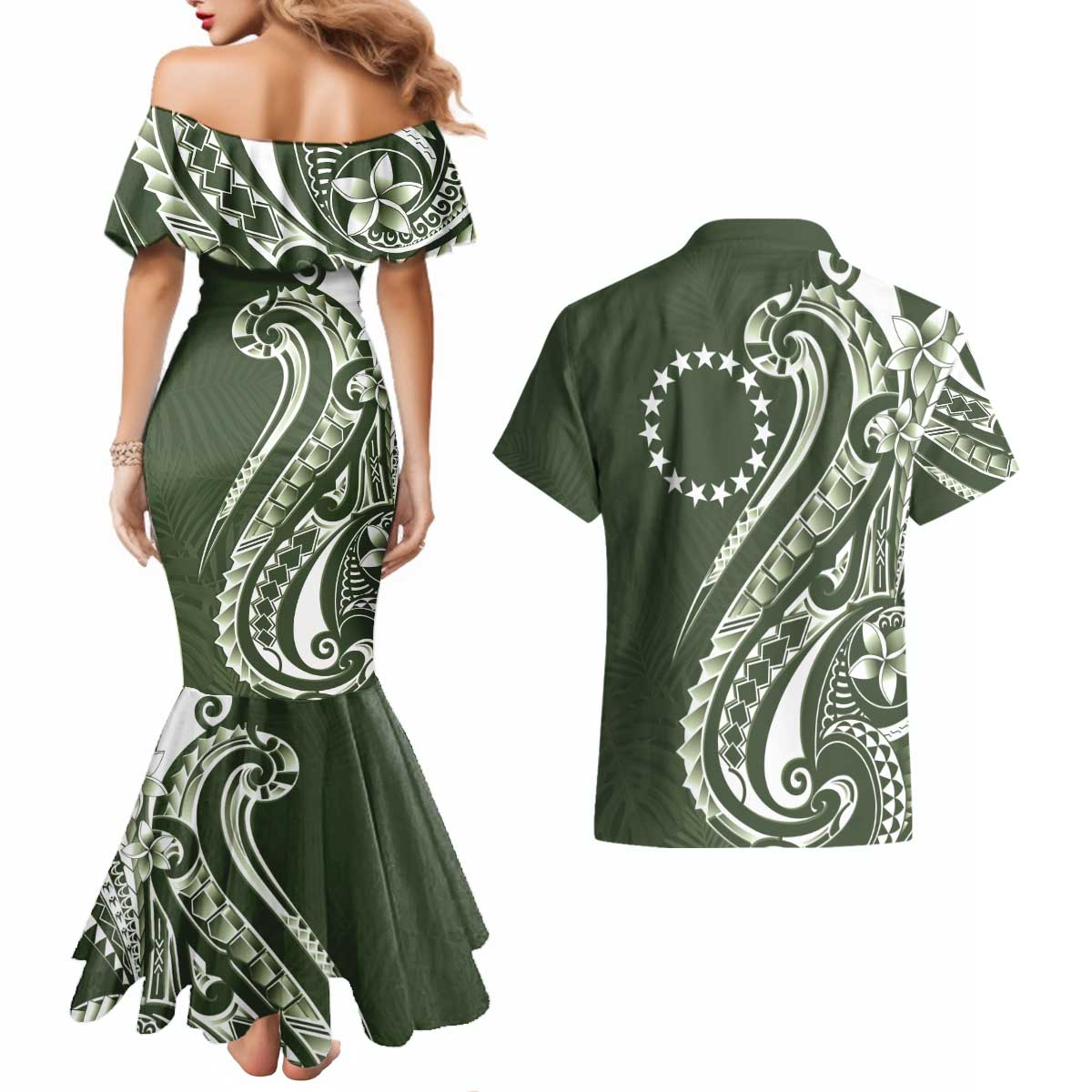 Kia Orana Cook Islands Couples Matching Mermaid Dress and Hawaiian Shirt Matie Plumeria Tropical Waves LT7 - Polynesian Pride