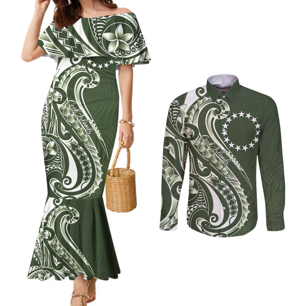 Kia Orana Cook Islands Couples Matching Mermaid Dress and Long Sleeve Button Shirt Matie Plumeria Tropical Waves LT7 Sage Green - Polynesian Pride