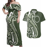 Kia Orana Cook Islands Couples Matching Off Shoulder Maxi Dress and Hawaiian Shirt Matie Plumeria Tropical Waves LT7 Sage Green - Polynesian Pride