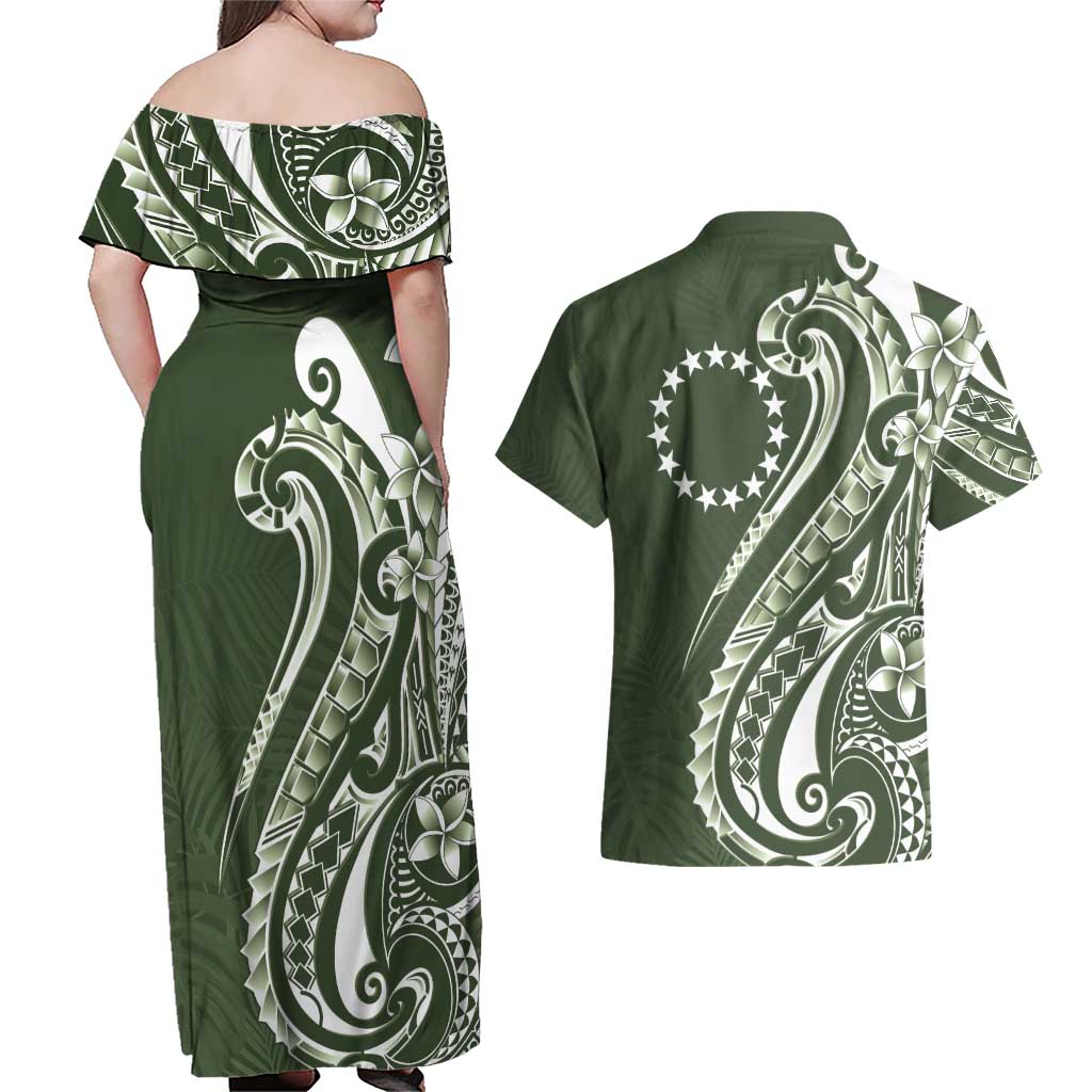 Kia Orana Cook Islands Couples Matching Off Shoulder Maxi Dress and Hawaiian Shirt Matie Plumeria Tropical Waves LT7 - Polynesian Pride