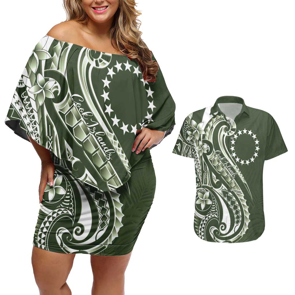 Kia Orana Cook Islands Couples Matching Off Shoulder Short Dress and Hawaiian Shirt Matie Plumeria Tropical Waves LT7 Sage Green - Polynesian Pride