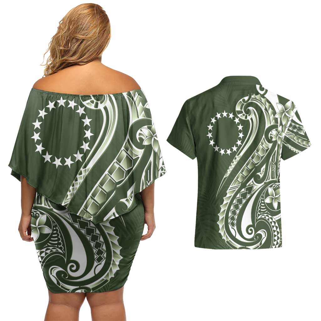 Kia Orana Cook Islands Couples Matching Off Shoulder Short Dress and Hawaiian Shirt Matie Plumeria Tropical Waves LT7 - Polynesian Pride