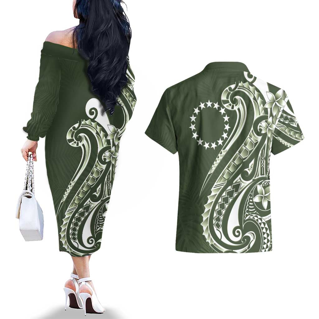 Kia Orana Cook Islands Couples Matching Off The Shoulder Long Sleeve Dress and Hawaiian Shirt Matie Plumeria Tropical Waves LT7 - Polynesian Pride