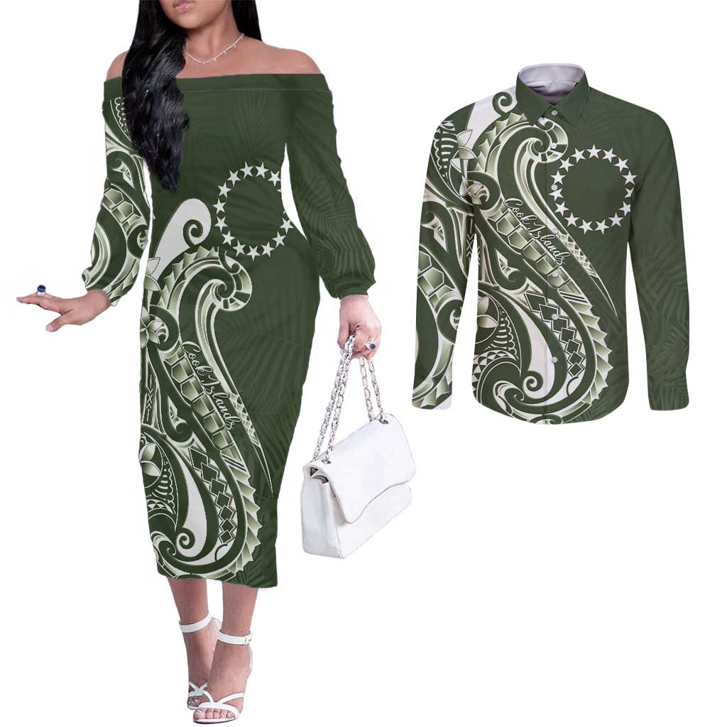 Kia Orana Cook Islands Couples Matching Off The Shoulder Long Sleeve Dress and Long Sleeve Button Shirt Matie Plumeria Tropical Waves LT7 Sage Green - Polynesian Pride