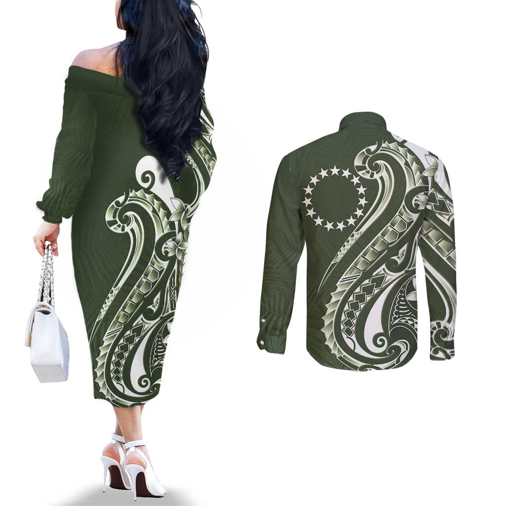 Kia Orana Cook Islands Couples Matching Off The Shoulder Long Sleeve Dress and Long Sleeve Button Shirt Matie Plumeria Tropical Waves LT7 - Polynesian Pride