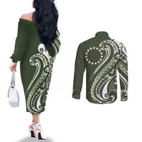Kia Orana Cook Islands Couples Matching Off The Shoulder Long Sleeve Dress and Long Sleeve Button Shirt Matie Plumeria Tropical Waves LT7 - Polynesian Pride