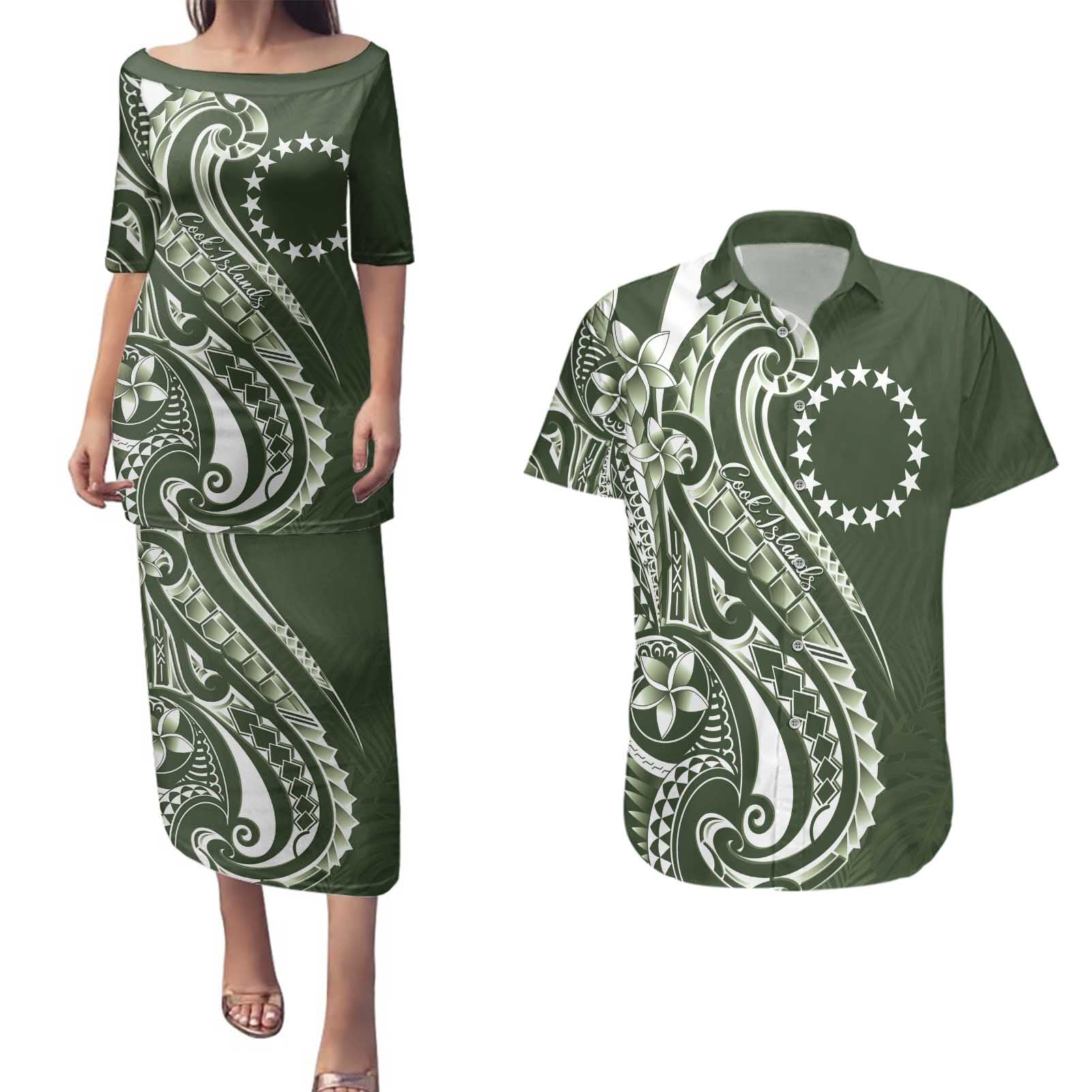 Kia Orana Cook Islands Couples Matching Puletasi and Hawaiian Shirt Matie Plumeria Tropical Waves - Polynesian Pride