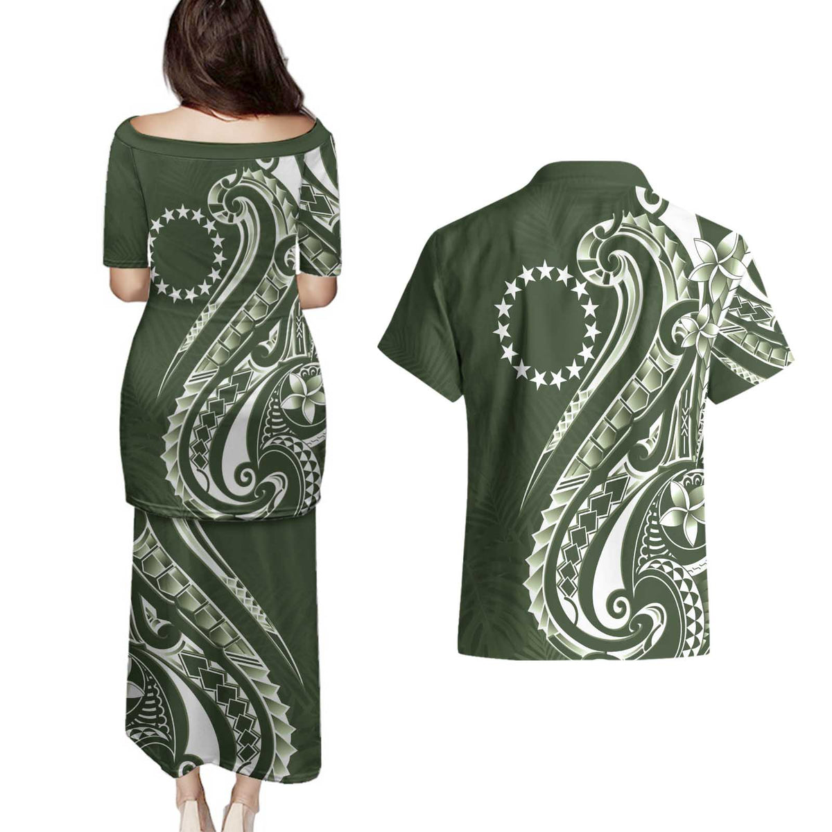 Kia Orana Cook Islands Couples Matching Puletasi and Hawaiian Shirt Matie Plumeria Tropical Waves - Polynesian Pride