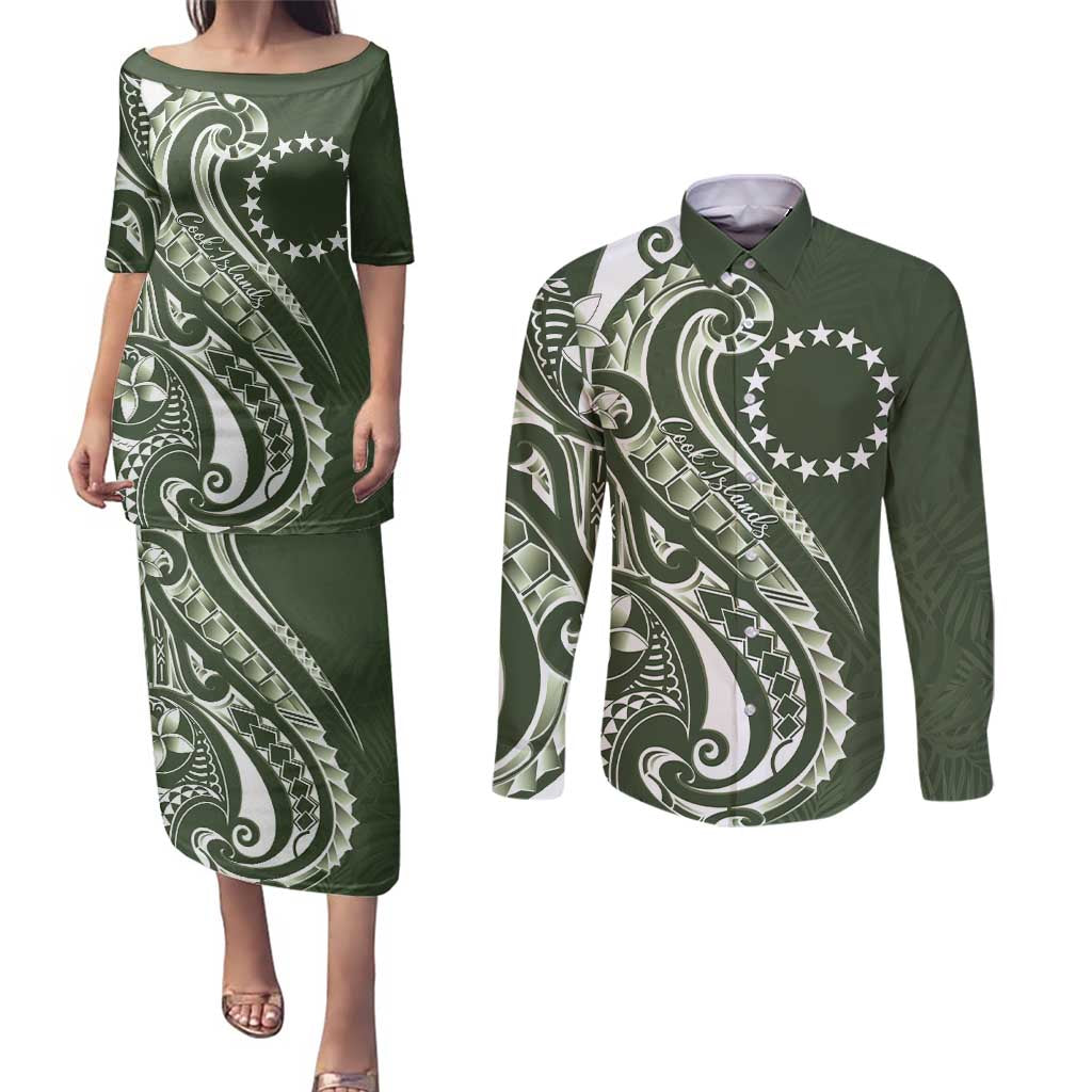 Kia Orana Cook Islands Couples Matching Puletasi and Long Sleeve Button Shirt Matie Plumeria Tropical Waves - Polynesian Pride