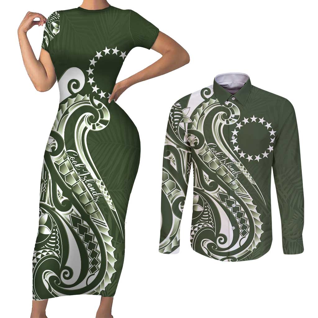 Kia Orana Cook Islands Couples Matching Short Sleeve Bodycon Dress and Long Sleeve Button Shirt Matie Plumeria Tropical Waves LT7 Sage Green - Polynesian Pride