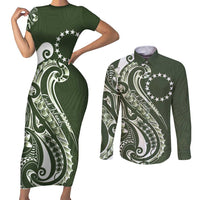 Kia Orana Cook Islands Couples Matching Short Sleeve Bodycon Dress and Long Sleeve Button Shirt Matie Plumeria Tropical Waves LT7 Sage Green - Polynesian Pride