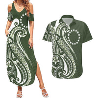 Kia Orana Cook Islands Couples Matching Summer Maxi Dress and Hawaiian Shirt Matie Plumeria Tropical Waves LT7 Sage Green - Polynesian Pride