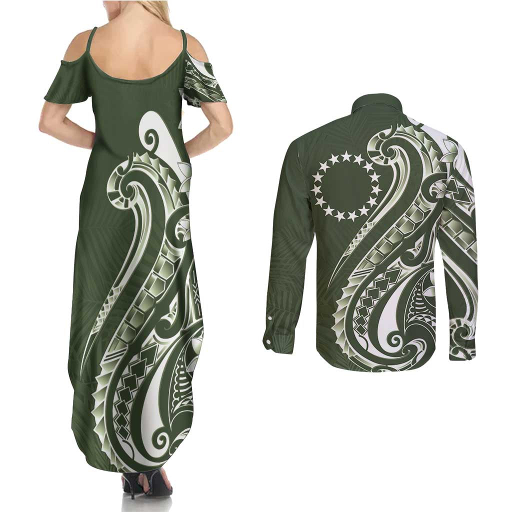 Kia Orana Cook Islands Couples Matching Summer Maxi Dress and Long Sleeve Button Shirt Matie Plumeria Tropical Waves - Polynesian Pride