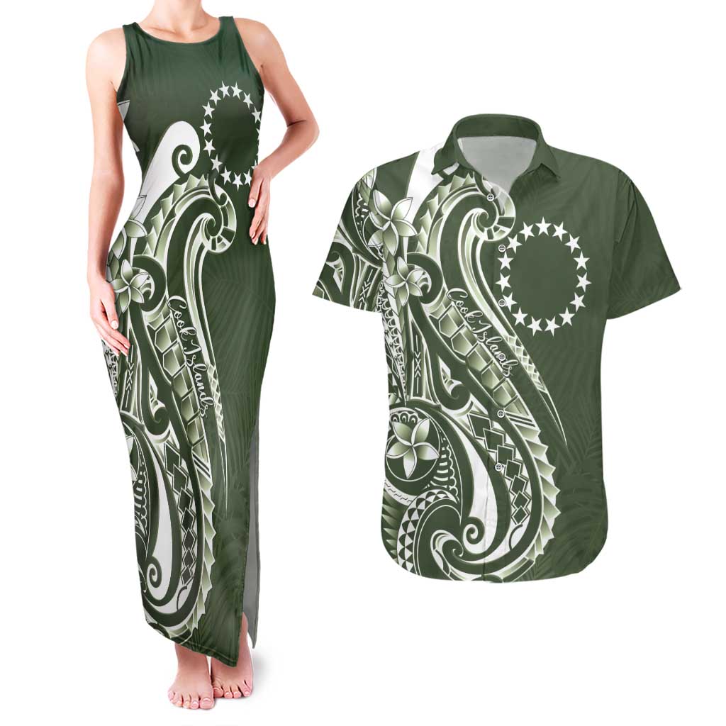 Kia Orana Cook Islands Couples Matching Tank Maxi Dress and Hawaiian Shirt Matie Plumeria Tropical Waves - Polynesian Pride