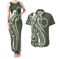 Kia Orana Cook Islands Couples Matching Tank Maxi Dress and Hawaiian Shirt Matie Plumeria Tropical Waves LT7 Sage Green - Polynesian Pride